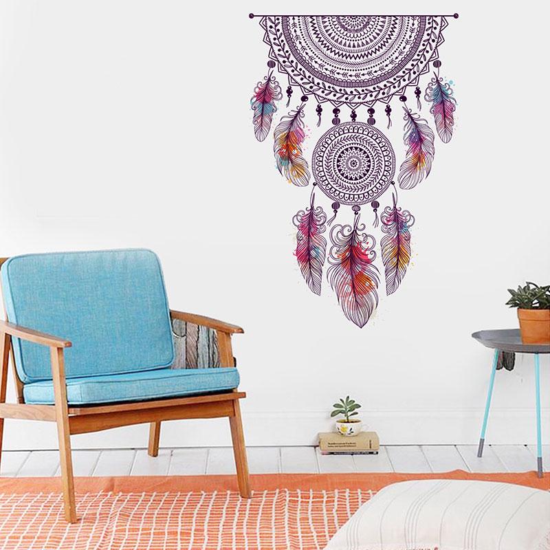 Retro Style Catch Monternet Dream Catcher Colorful Feather Wall Stickers Art Design For Living Room