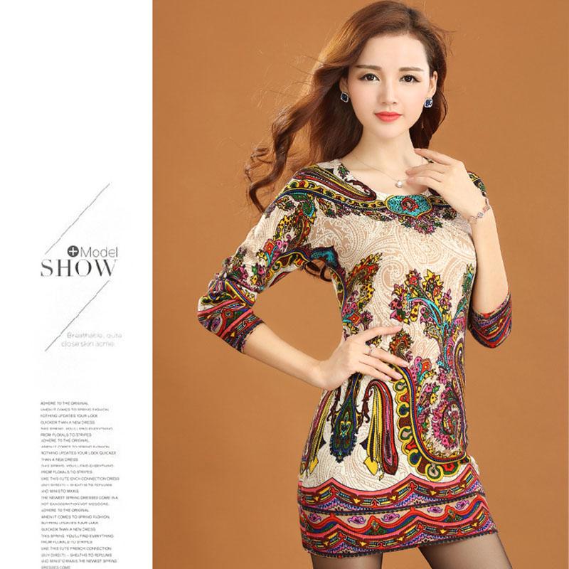 Vintage Printed Cashmere Sweater Women's Mid-length Wool Sweater Bottoming Outer Wear  Plus Size Slim Pullover Sweater Dress