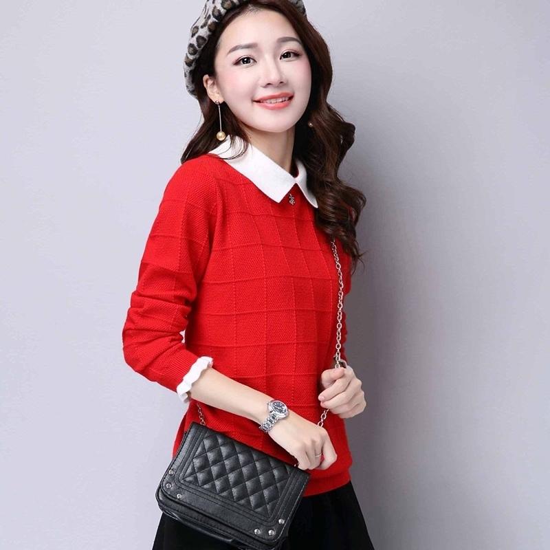 Spring Autumn Winter Fake Two-piece Color-blocking Sweater Women Loose Knit Bottoming Sweater Sweet Doll Collar Pullover Sweater