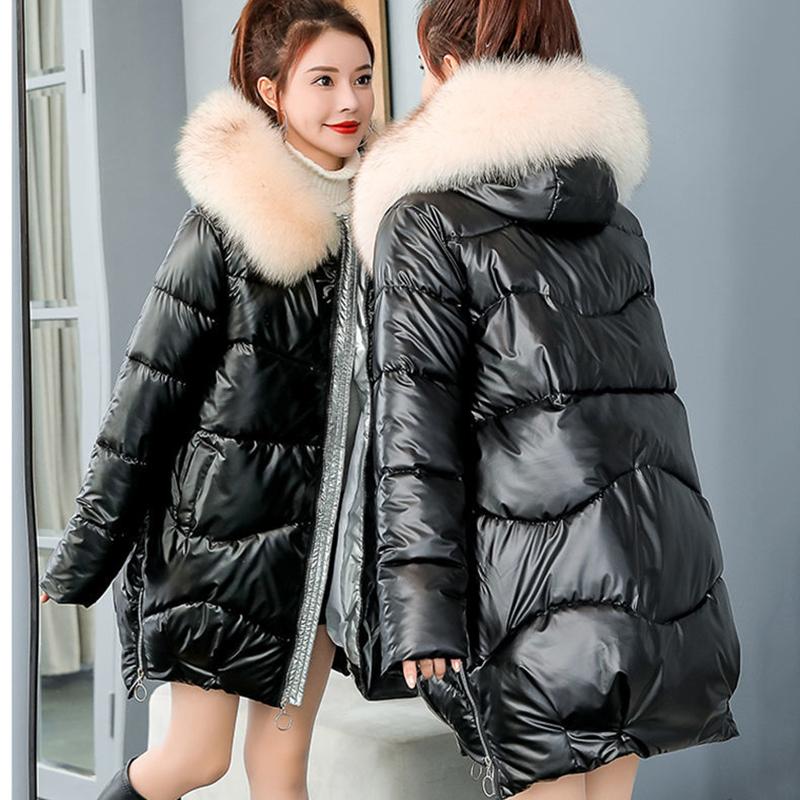 Women's Bright Face Hooded Down Jacket Mid-length Korean Loose Thick Coat Warm Cotton Coat Large Wool Collar Winter Quilted Coat