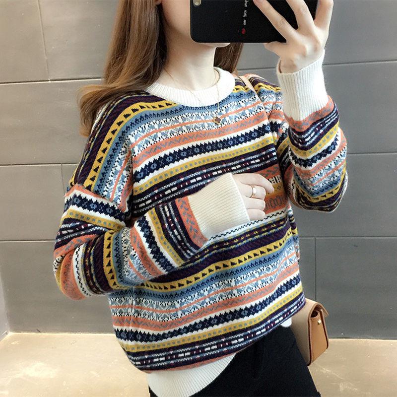 Winter Women Colorful Striped Pullover Sweater Casual Jumper O-Neck Long Sleeves Female Sweater