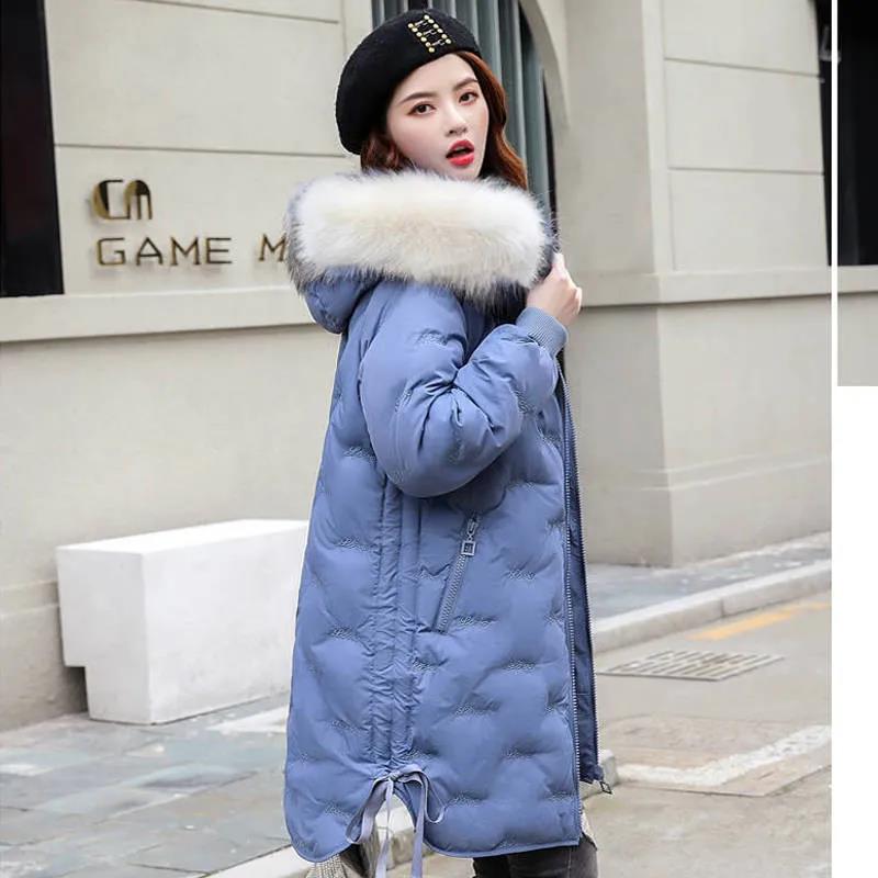 Women's Solid Color Embroidered Down Jacket Mid-length Korean Style Loose Thick Coat Warm Cotton Coat Large Fur Collar Winter Quilted Jacket