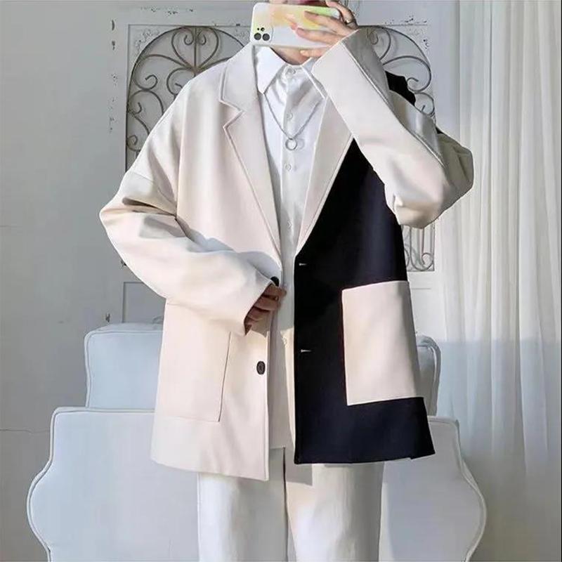 High-quality Contrast Color Stitching British Style Suit Men's Autumn Casual Loose Suit Jacket Long-sleeved Warm Mid-length Windbreaker