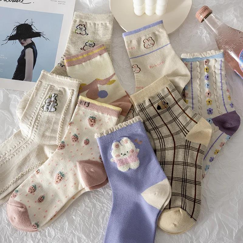 Five Pairs of Women's Socks Fashion Print Cartoon Pattern Socks Winter Thick Pile Pile Socks