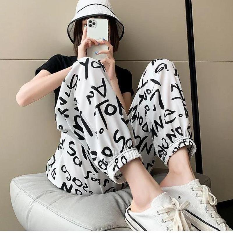 Chiffon Bloomers Women's Summer Letter Printing Graffiti Elastic Waist Loose-fitting Sports Casual Pants