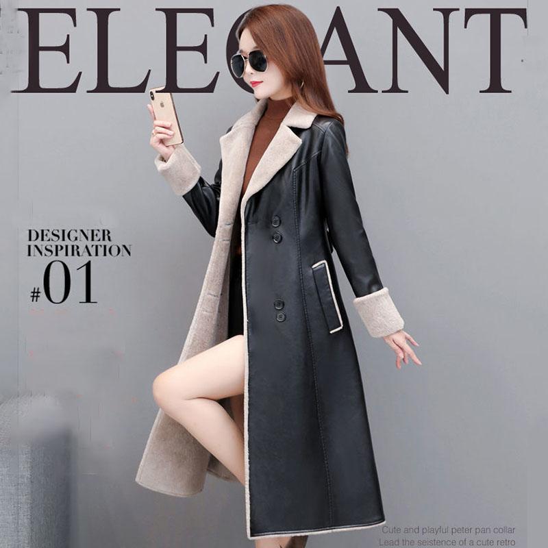 Leather Trench Coat Winter Long Sheepskin Coat Women Plus Velvet Thick Warm Leather Coat Black Overcoat with Faux Fur Inside
