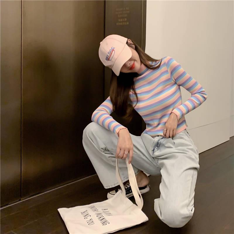 Cute O-neck Colorful Striped Pullover Short Sweater Women Open Navel Slim Waist Knitwear