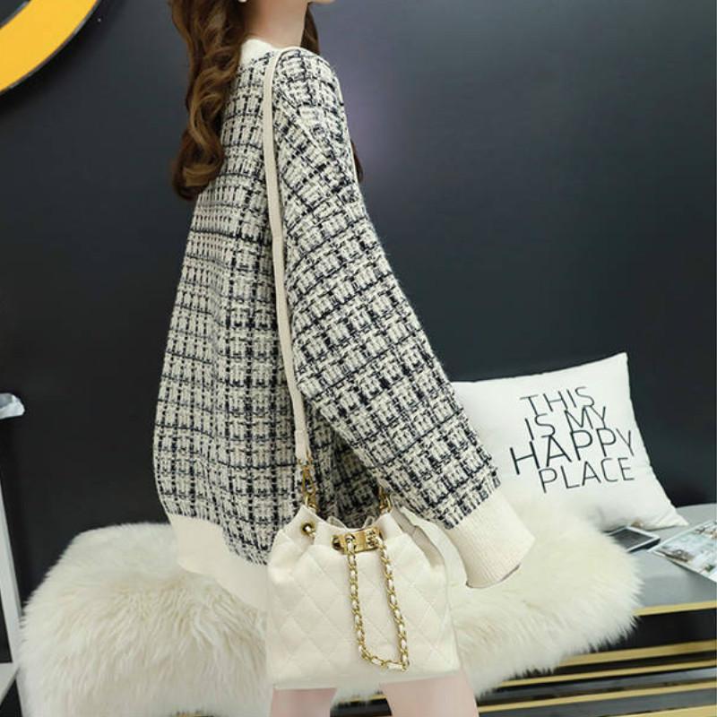 Pofulove Check V-neck Pullover Sweater Women Autumn Winter Loose Wild Long Sleeve Knitted Sweater