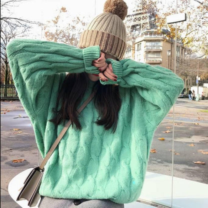 New loose sweater autumn and winter twist round neck pullover solid color long-sleeved sweater women