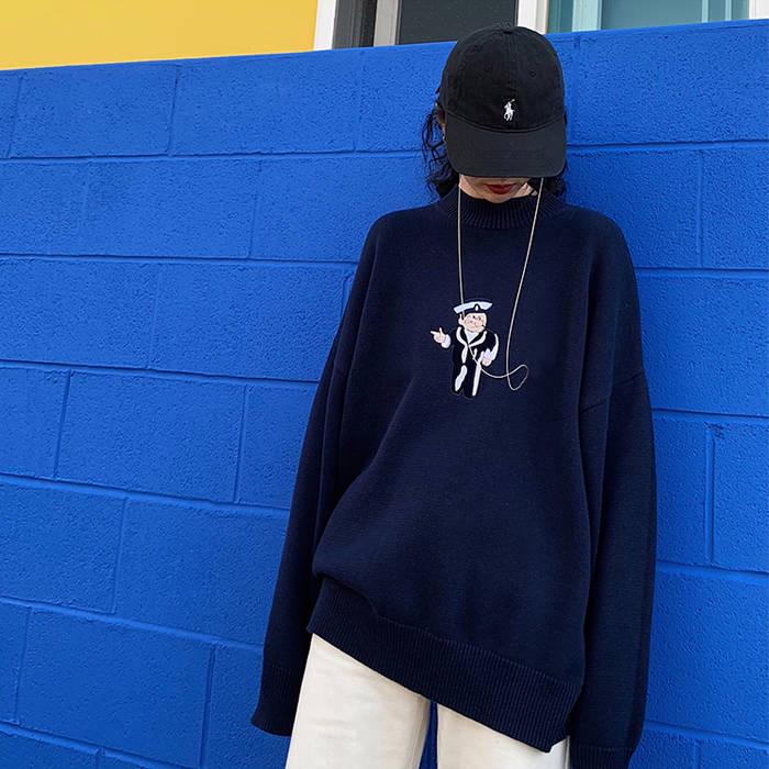 Pofulove Autumn Winter Round Neck Hedging Cartoon Embroidery Sweater Female Loose Knitted Jacket