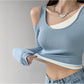 Eye-catching Off-the-shoulder Long-sleeved T-shirt Women's Contrast Color Stitching Fake Two-piece Short Top