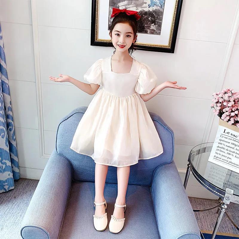 Girls Dress Summer Temperament Solid Color Retro Style Puff Sleeve Princess Dress 4-8 Years Old Girl Sweet Dress A-line Skirt