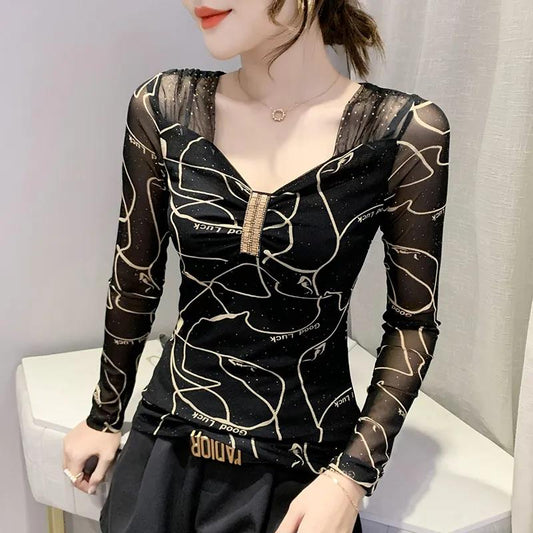 Sexy Mesh Bottoming Shirt Drill Design Sense Long Sleeve Women's Top V-Neck Slim Fit Plus Size Women's Clothing