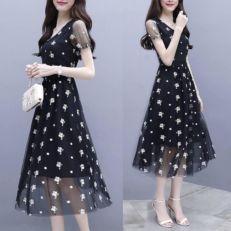 Pofulove S-3XL Women Summer V-neck Chiffon Mesh Dress Slim Sexy Short-sleeved Long A-line Dress