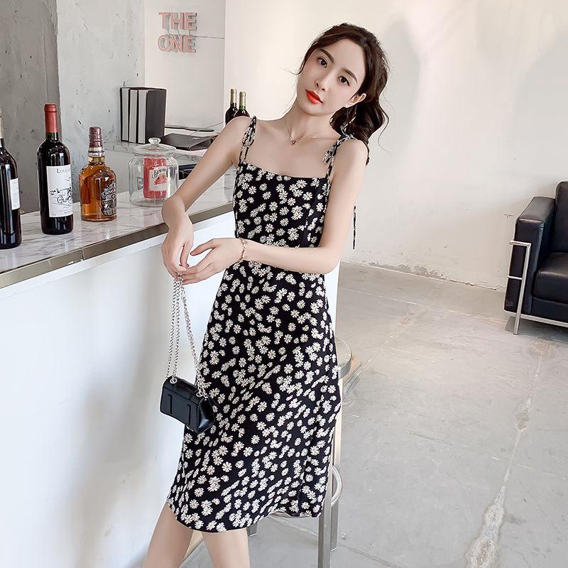 Pofulove Women's Little Daisy Floral Dress Summer Sleeveless slip dress  Midi Sexy A-line ruffled Spaghetti Strap Dress