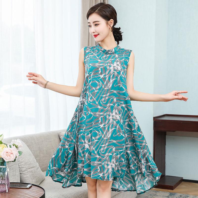 Women Cotton Silk Dress Summer Mother Sleeveless Mid-length Loose Large Home Night Skirt Beach Skirt
