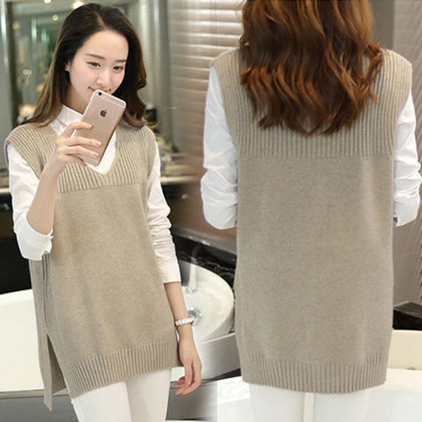 Autumn and Winter Solid Color V-neck Sweater Slim Fit Plus Size Jacket Mid-length Vest Women