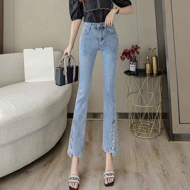 Micro Flared Jeans Women Spring High-waisted Slim Straight-leg Pants Slim All-match Button Slit Tide