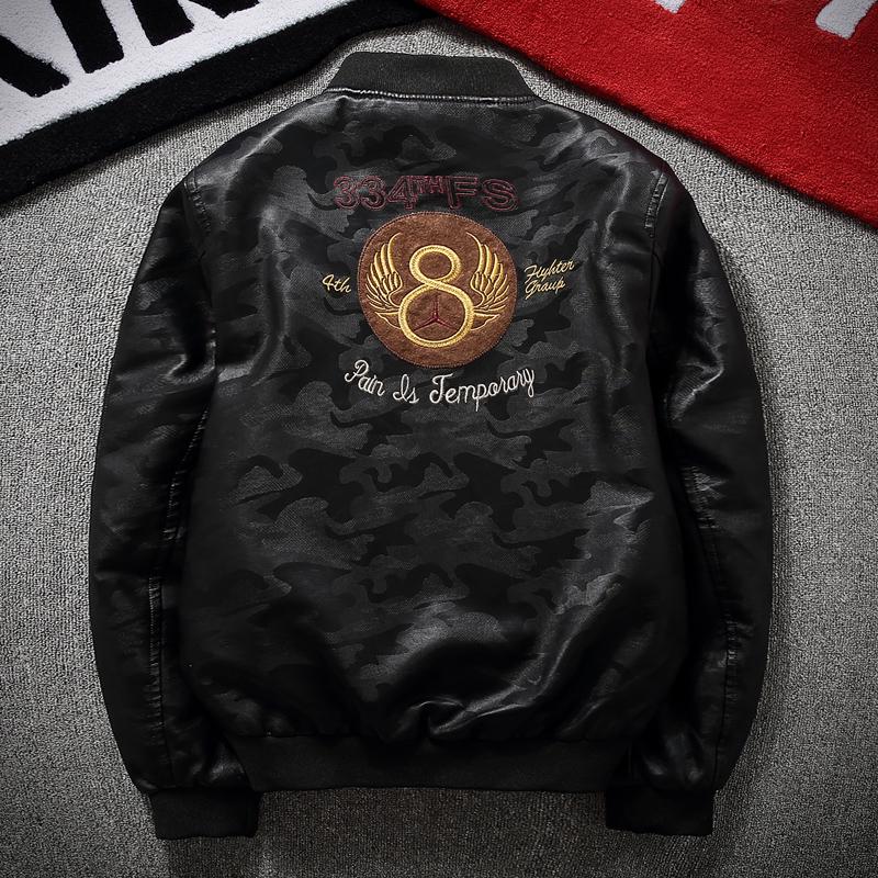 Pilot jacket spring and autumn men's leather short embroidered PU leather jacket men