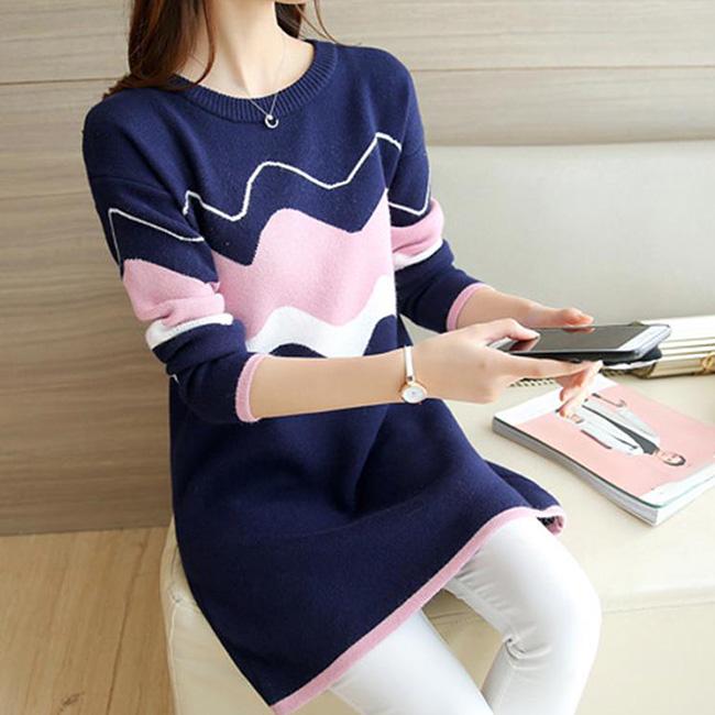 Spring and Autumn Mid-length Maternity Wear Sweater Round Neck Long-sleeved Splicing Color Base Skirt Low-neck Versatile Fashion Jacket
