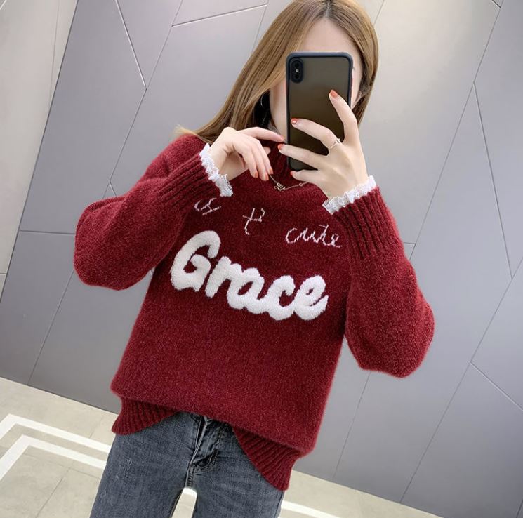 Chenille Lace Pullover Sweater Ladies Large Size Loose Half Turtleneck Sweater Solid Color Bottoming Knit Sweater