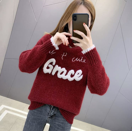 Chenille Lace Pullover Sweater Ladies Large Size Loose Half Turtleneck Sweater Solid Color Bottoming Knit Sweater