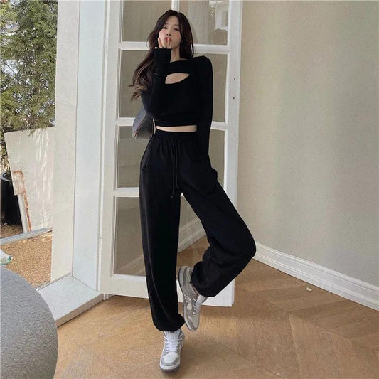 2PCS Ladies Pure Desire Suit Loose High Street Leisure Sports Two-piece Spring and Autumn Long Sleeve Sexy Loose Pants Suit