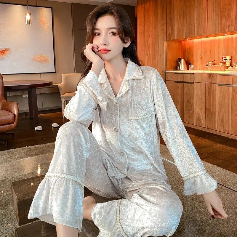Women's Gold Velvet Pajamas Set Comfortable Gold Edge Tie Dye Long Sleeve Sleeping Suit Spring Autumn Lapel Cardigan Casual Out Wear Pyjama Set