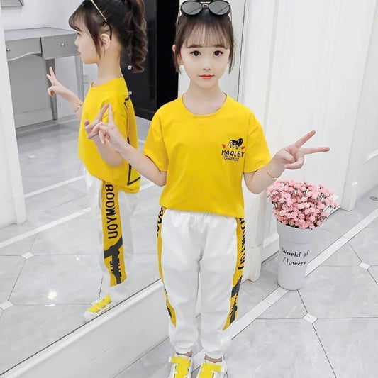 Cartoon Letter Printing Children's Suit Girls Summer Short-sleeved Trousers Sports Leisure Loose and Comfortable Breathable Children's Two-piece Set