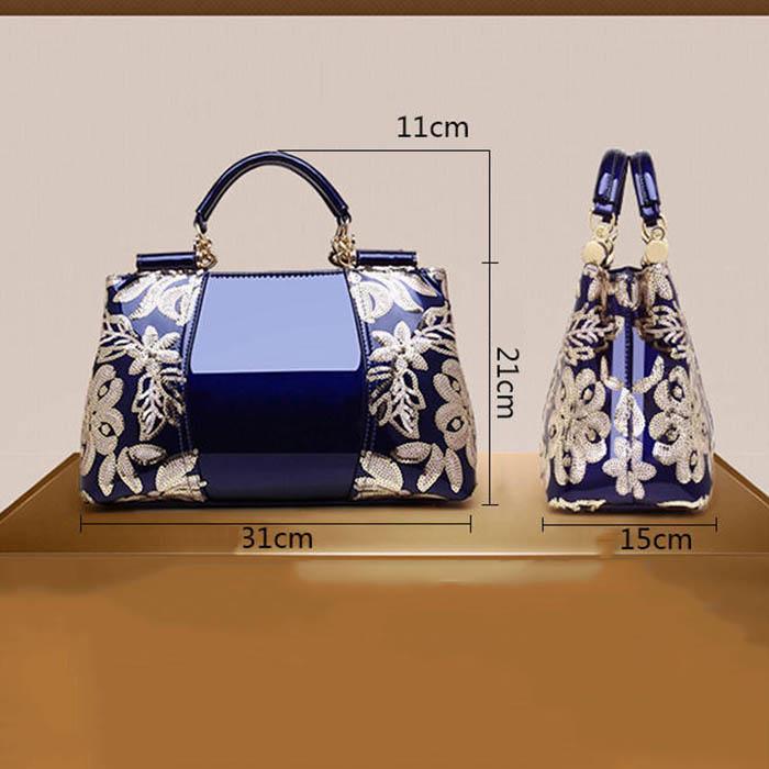 Women Embroidery Handbag Female Shoulder Bags Patent Leather Vintage Flowers Women Top-handle Tote