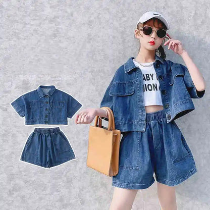 Girls' Suit Summer Clothes Children's Net Red Thin Denim Loose Korean Style Children's Clothes