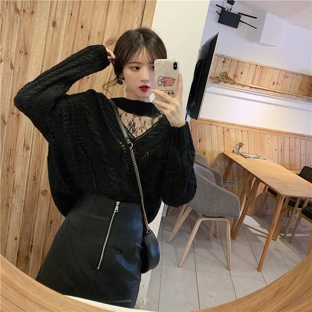 Pofulove Girly Princess Lace Yarn Spliced Neck  Knitwear Skin-friendly Loose Women Pullover Sweater
