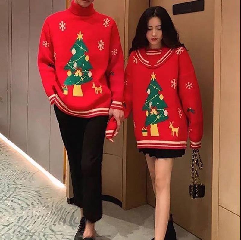 WTEMPO 2 Pcs Christmas Couple Sweater Soft Casual Knitted Sweater Winter Warm Pullover
