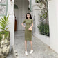 Simple and Elegant Vintage Dress Female Slim and Versatile Medium Long Short Sleeve Buttock A-line Dress