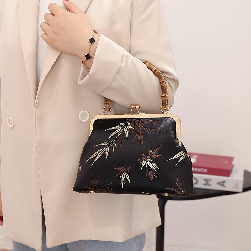 Ethnic Style Women Silk Bamboo Leaves Printing Handbag Messenger Dual Purpose Exquisite Elegant Doctor Bag