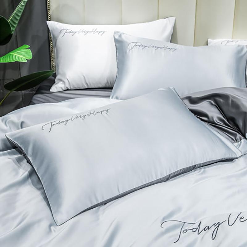 Silky Nude Sleeping Ice Silk Four-piece Set Pure Color Washed Silk Bed Sheet Duvet Cover Pillow Case Bedding
