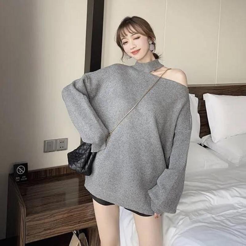 Off-the-shoulder Design Sweater Autumn Winter  Women's Loose-fitting Mid-length Thick Halterneck Sweater Tide