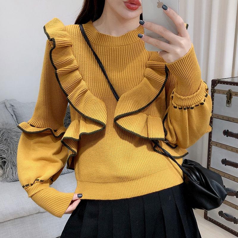 Autumn and Winter Ins Knit Sweater Fashion All-match Ruffle Sweater Women Color Matching Bottoming Shirt