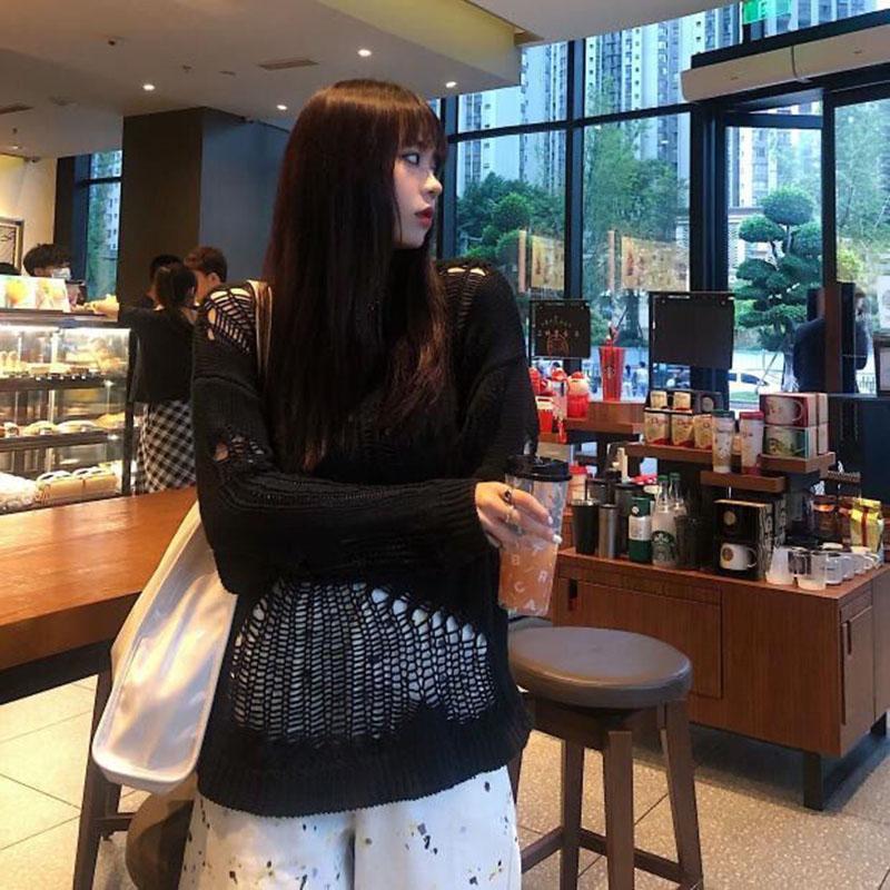 Gothic Punk Hole Sweaters Women  Streetwear Harajuku Sweaters Hollow Out Broken Knitted Jumper Woman Pullover Sweater