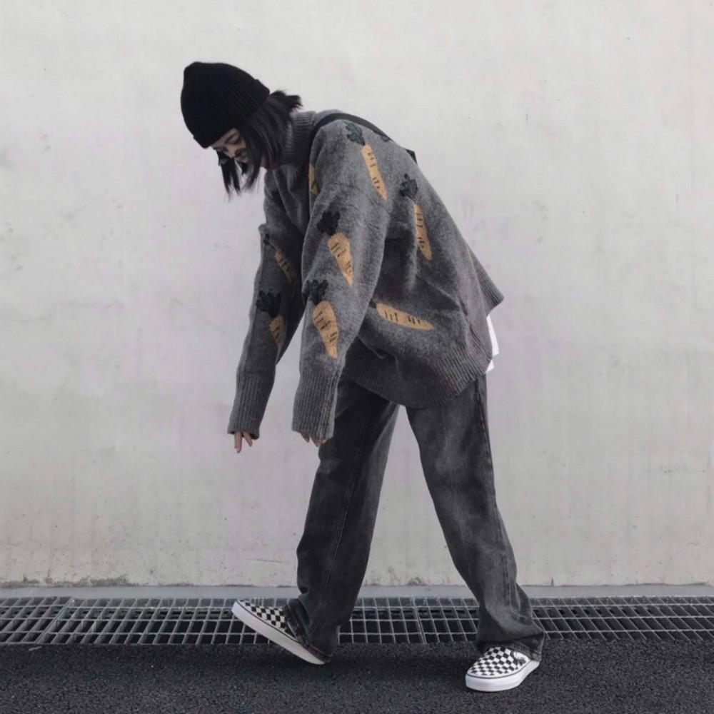 Pofulove Sweater Loose Pattern Wild Sweater Autumn and Winter Coat Tide Turtleneck Colorblock