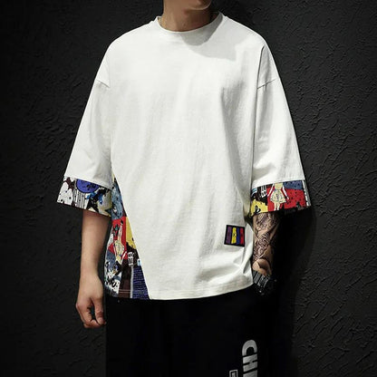 Oversized Hip Hop T-shirt Japanese Trend Retro Shirt O-neck Half Sleeve Casual Pullover Stitching Graphic Punk Clothe Summer