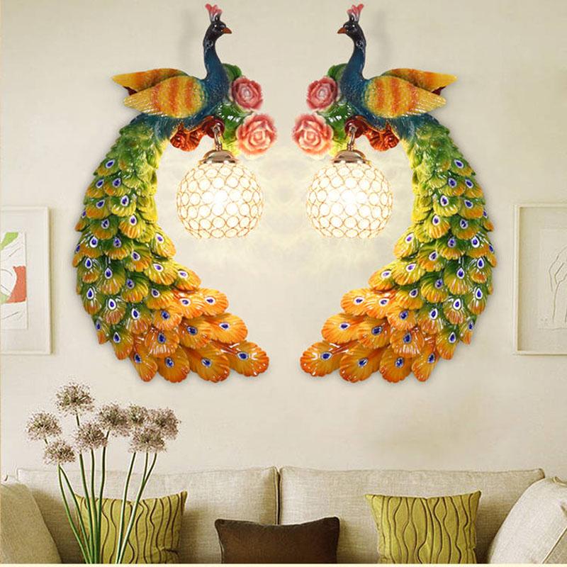 Luxury peacock crystal wall lamp Nordic bedroom bedside living room TV background led wall lamp