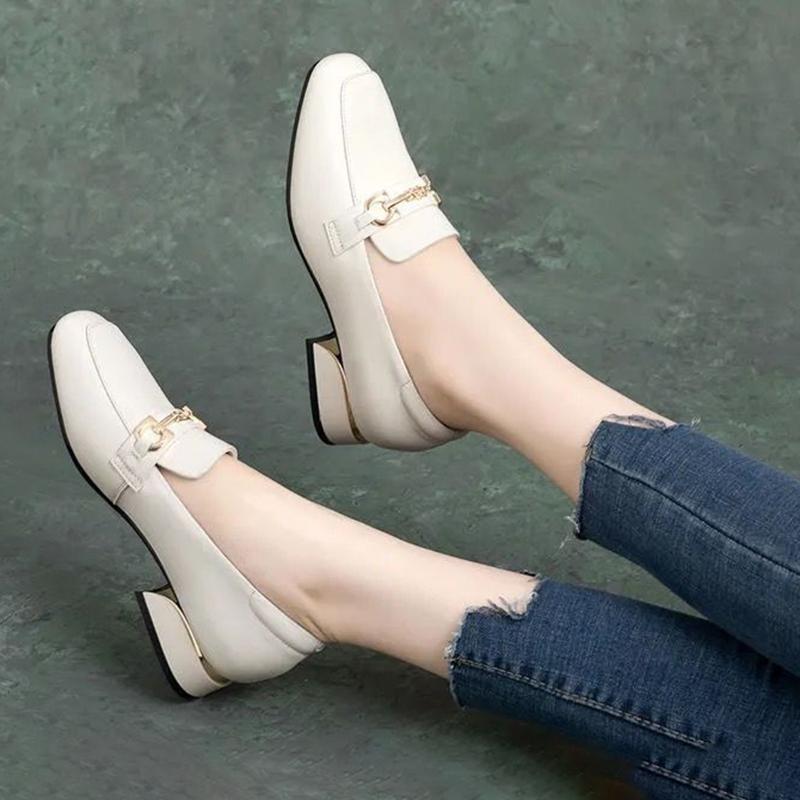 Soft Leather Single Shoes Women's Low-heel Carafe Square-toed Leather Shoes Thick Heel British Style Slip-on Work Women's Shoes