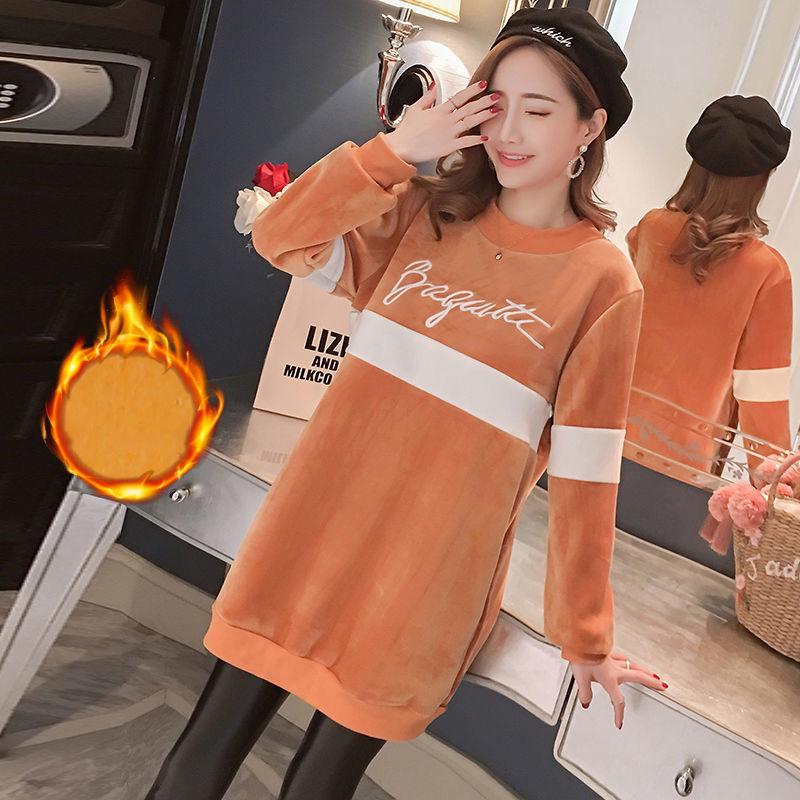 Maternity Winter Clothes Set Gold Velvet Pregnant Women Breastfeeding Top Plus Velvet Thick Mid-length Sweater Maternity Dress
