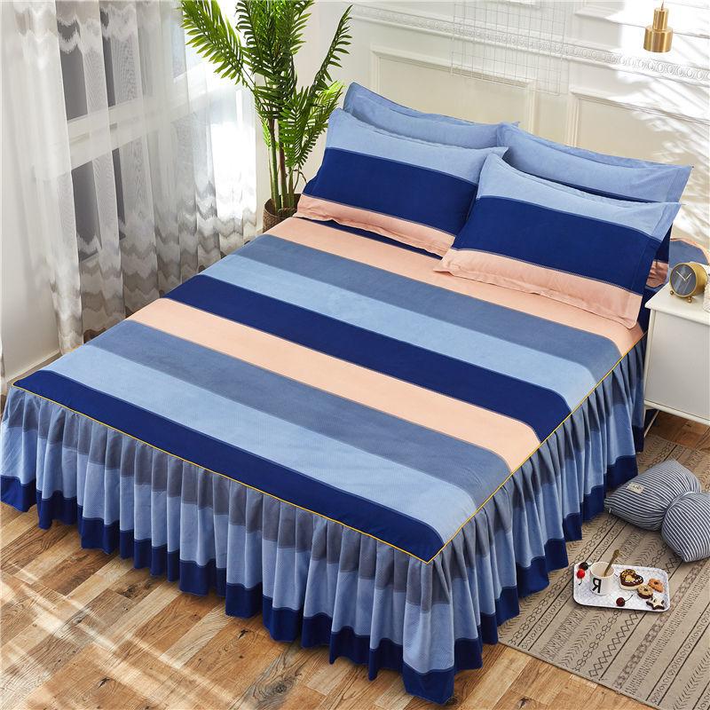 Quilted Bed Bed Skirt and Cover Protector Simple Solid Color Non-slip Dustproof Bed Cover Sheet