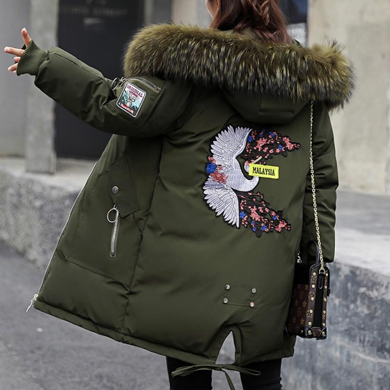 Women Elegant Lady Faux Large Fur Collar Hooded Down Parkas Thick Warm Cotton-Padded Long Jacket