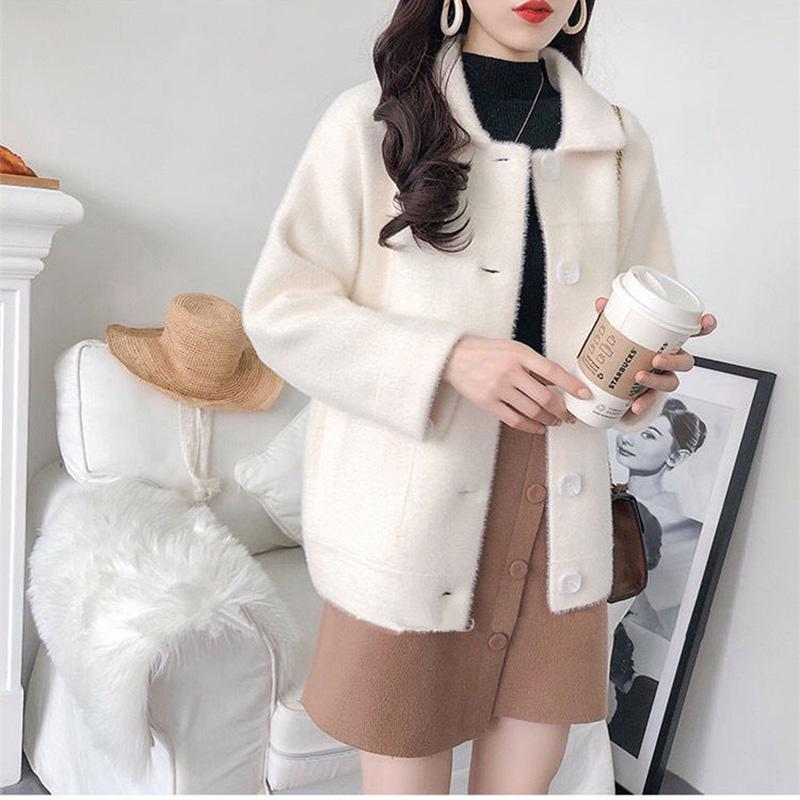 Woolen Fashion Jacket Fall/Winter Lapel Short Sweater Thicken Long Sleeve Knit Cardigan