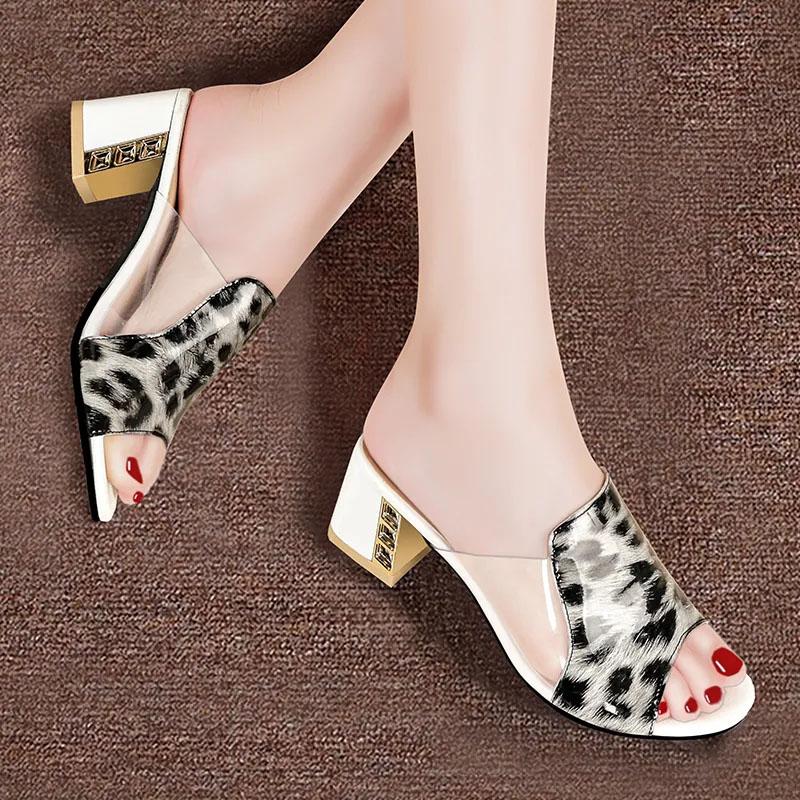 Slippers Women Leopard Transparent Open Toe Sandals Summer Thick Heel Middle Heel Sandals and Slippers All Match Casual Comfortable Slippers