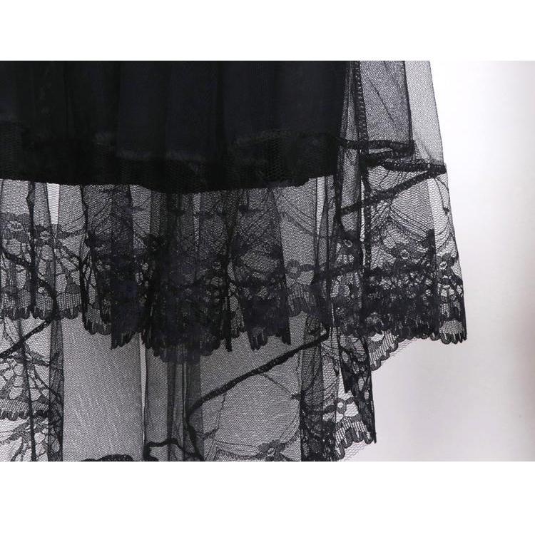 Women High Waist Scalloped Lace Trim Midi Long Skirt Lined Solid Color Irregular Hem Pleated Double Layer Sheer Mesh Skirt