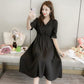 Female Simple and Elegant Chiffon Dress Slim Mid Length Waist Solid Lace V-neck Graceful Dress